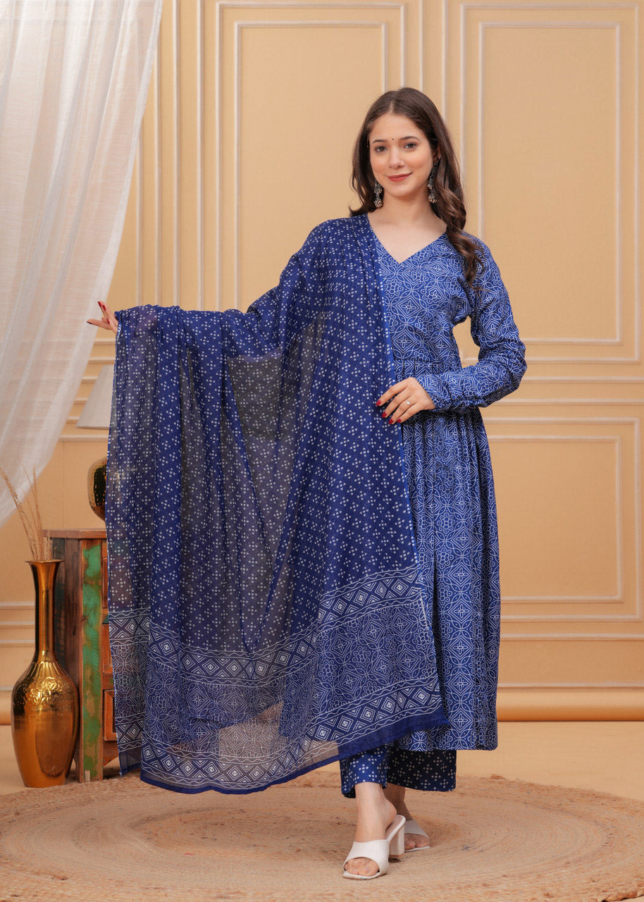 Kurti Pant Dupatta Set, Blue Rayon Printed, Stitched