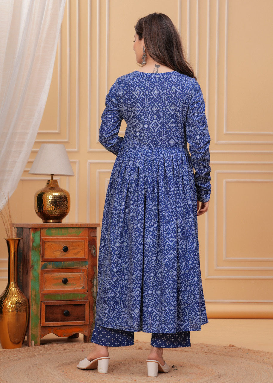 Kurti Pant Dupatta Set, Blue Rayon Printed, Stitched