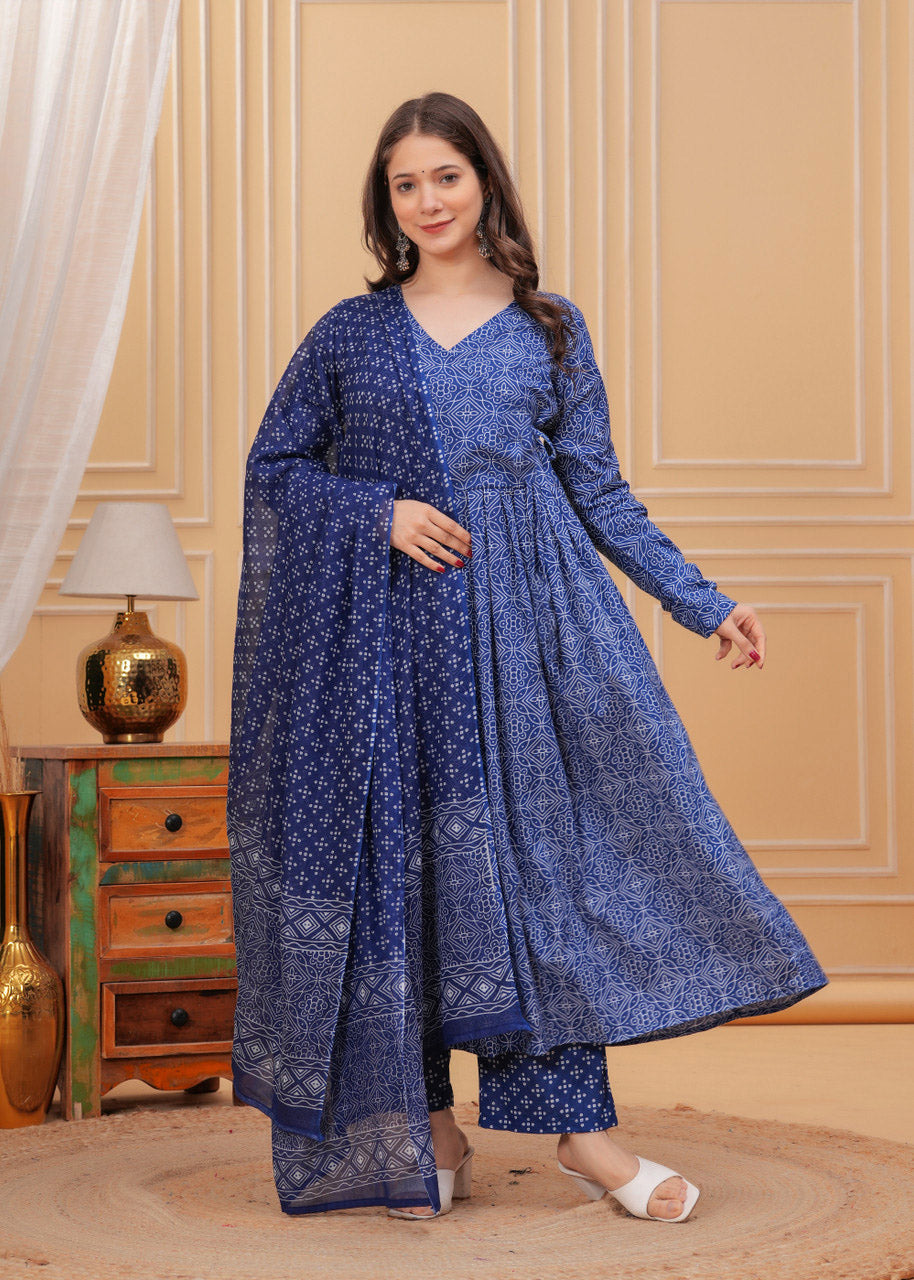 Kurti Pant Dupatta Set, Blue Rayon Printed, Stitched