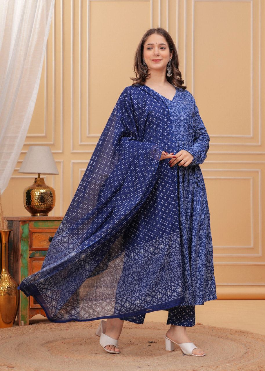 Kurti Pant Dupatta Set, Blue Rayon Printed, Stitched
