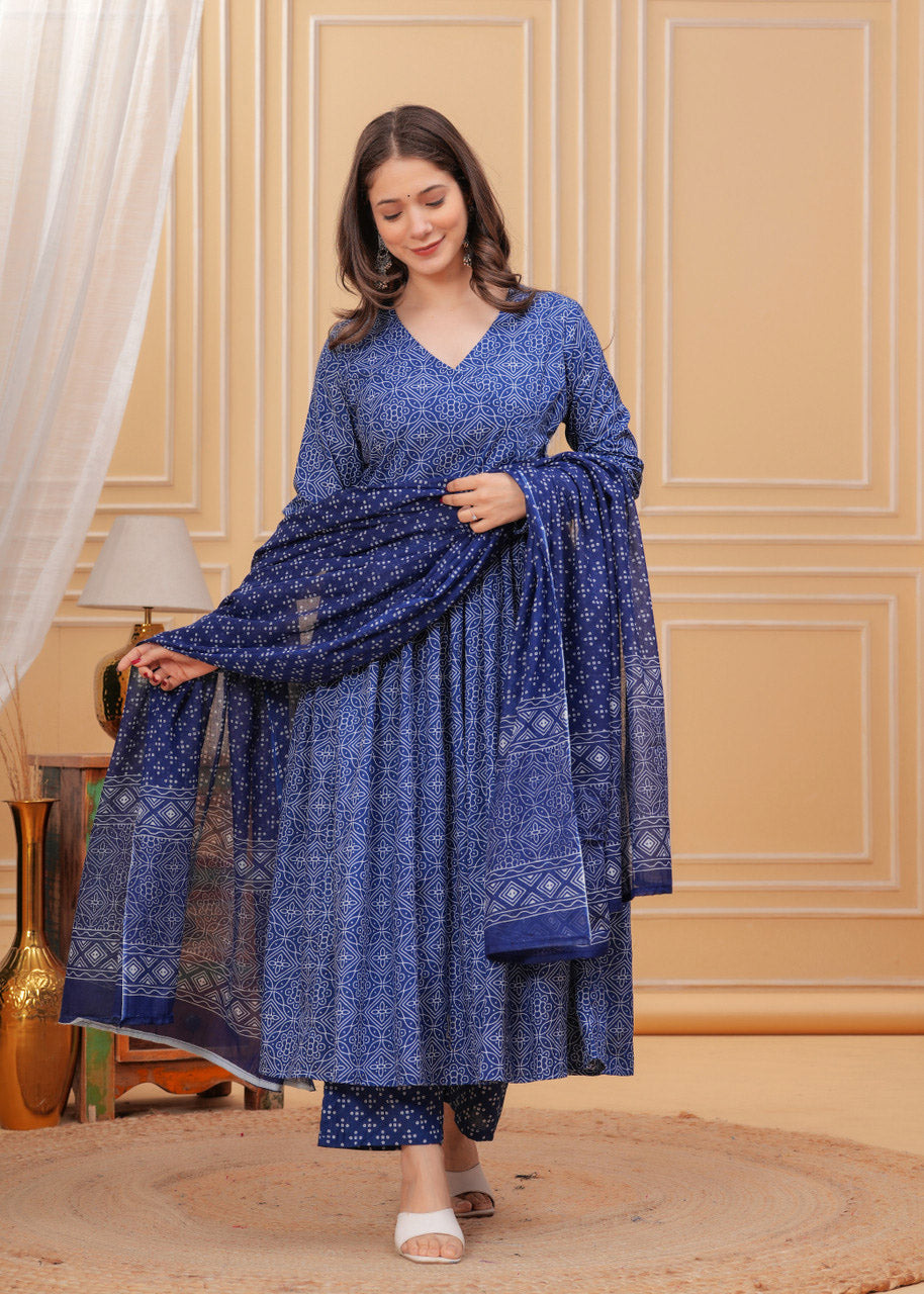 Kurti Pant Dupatta Set, Blue Rayon Printed, Stitched