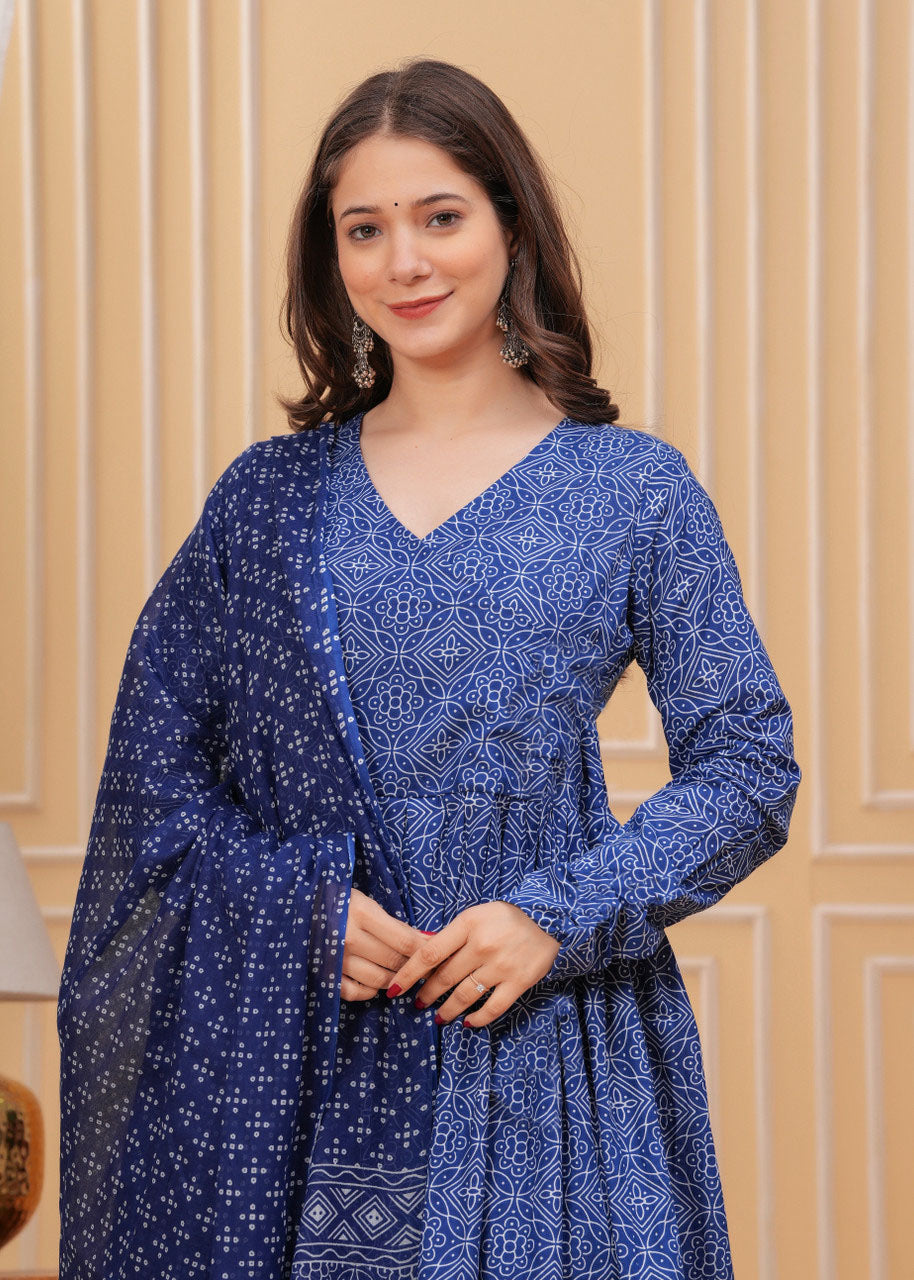 Kurti Pant Dupatta Set, Blue Rayon Printed, Stitched