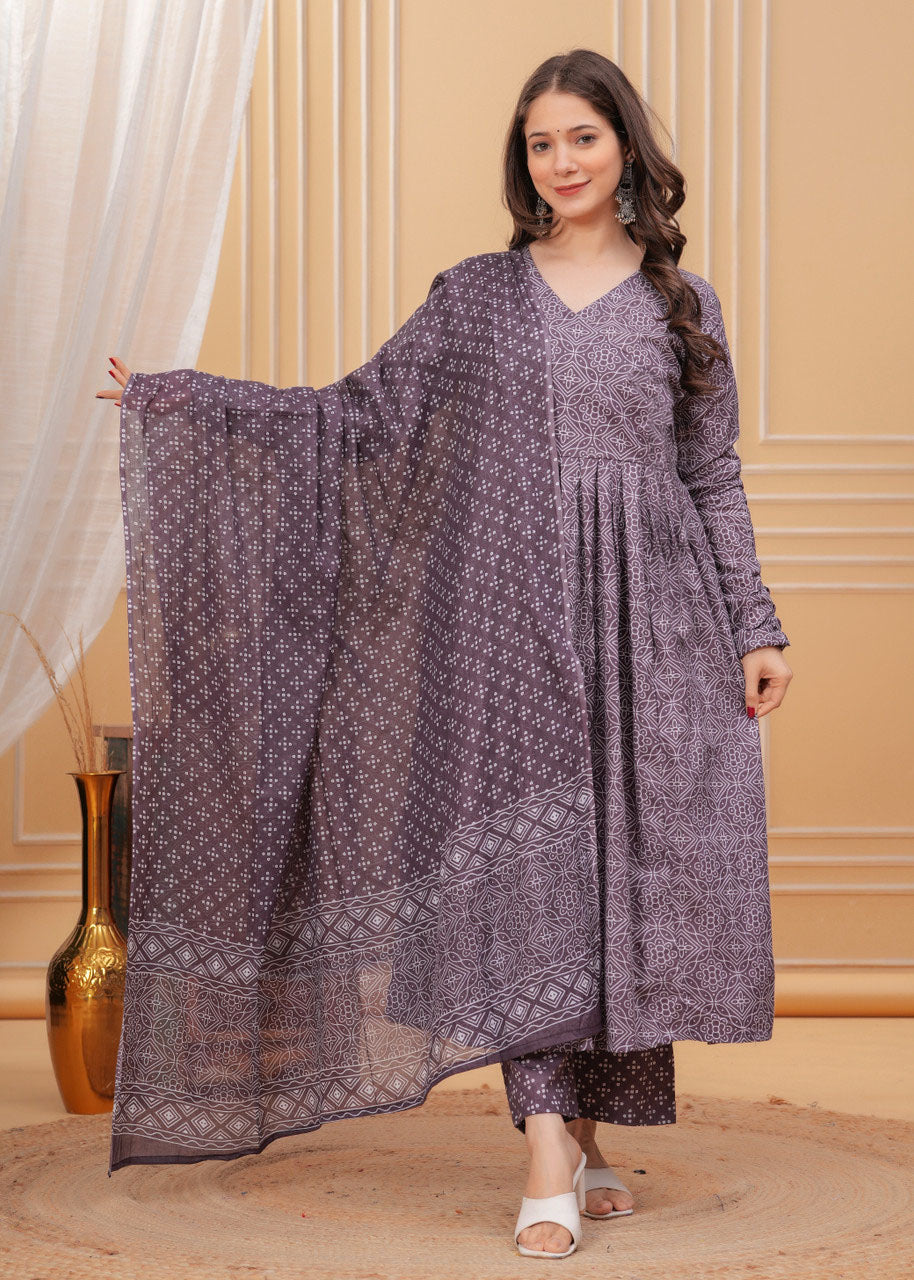 Kurti Pant Dupatta Set, Purple Rayon Printed, Stitched