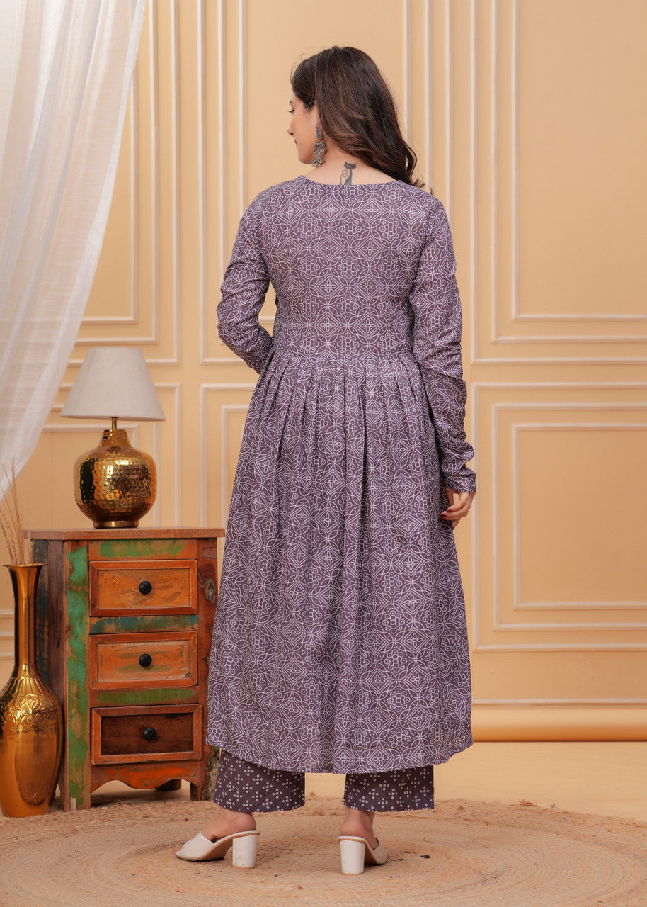 Kurti Pant Dupatta Set, Purple Rayon Printed, Stitched