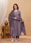 Kurti Pant Dupatta Set, Purple Rayon Printed, Stitched