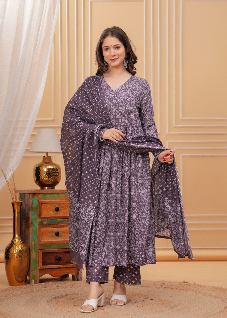Kurti Pant Dupatta Set, Purple Rayon Printed, Stitched