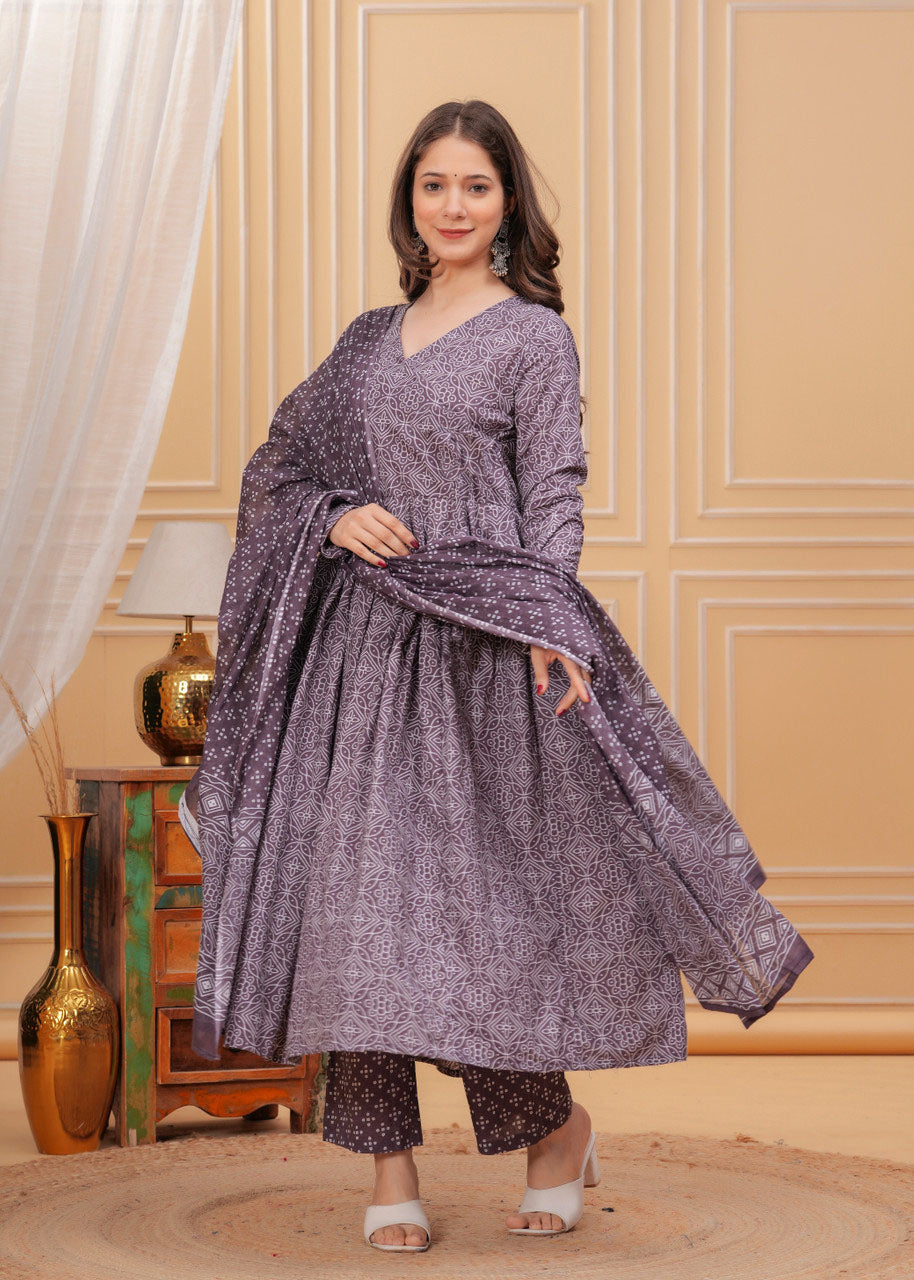 Kurti Pant Dupatta Set, Purple Rayon Printed, Stitched