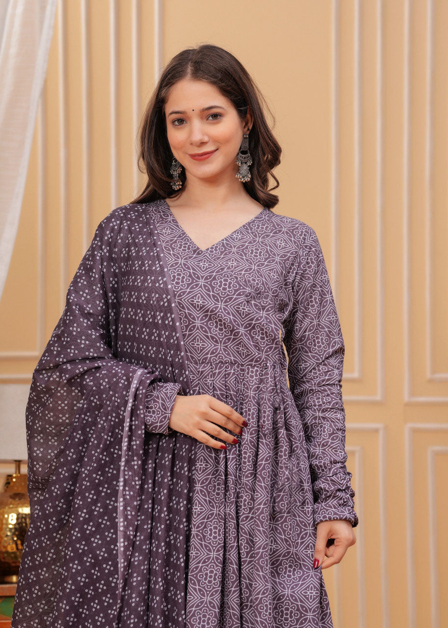 Kurti Pant Dupatta Set, Purple Rayon Printed, Stitched