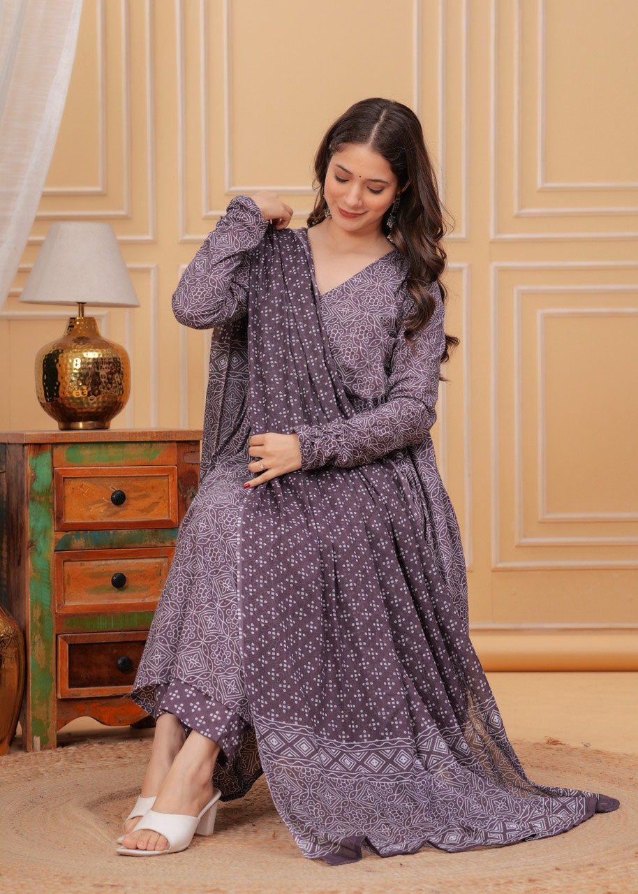 Kurti Pant Dupatta Set, Purple Rayon Printed, Stitched